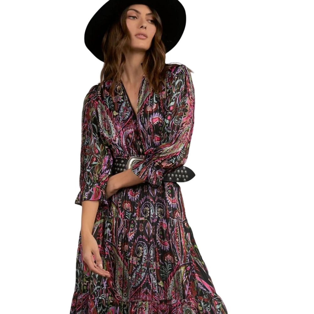 Paisley V-Neck Midi Dress in Black and Pink